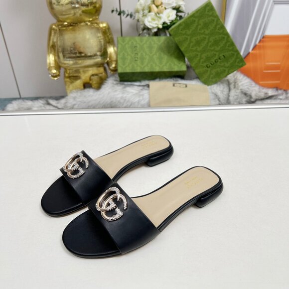 ✨GUCCl Double G Slide Sandalin Black Leather NWT✨ - Picture 2 of 6